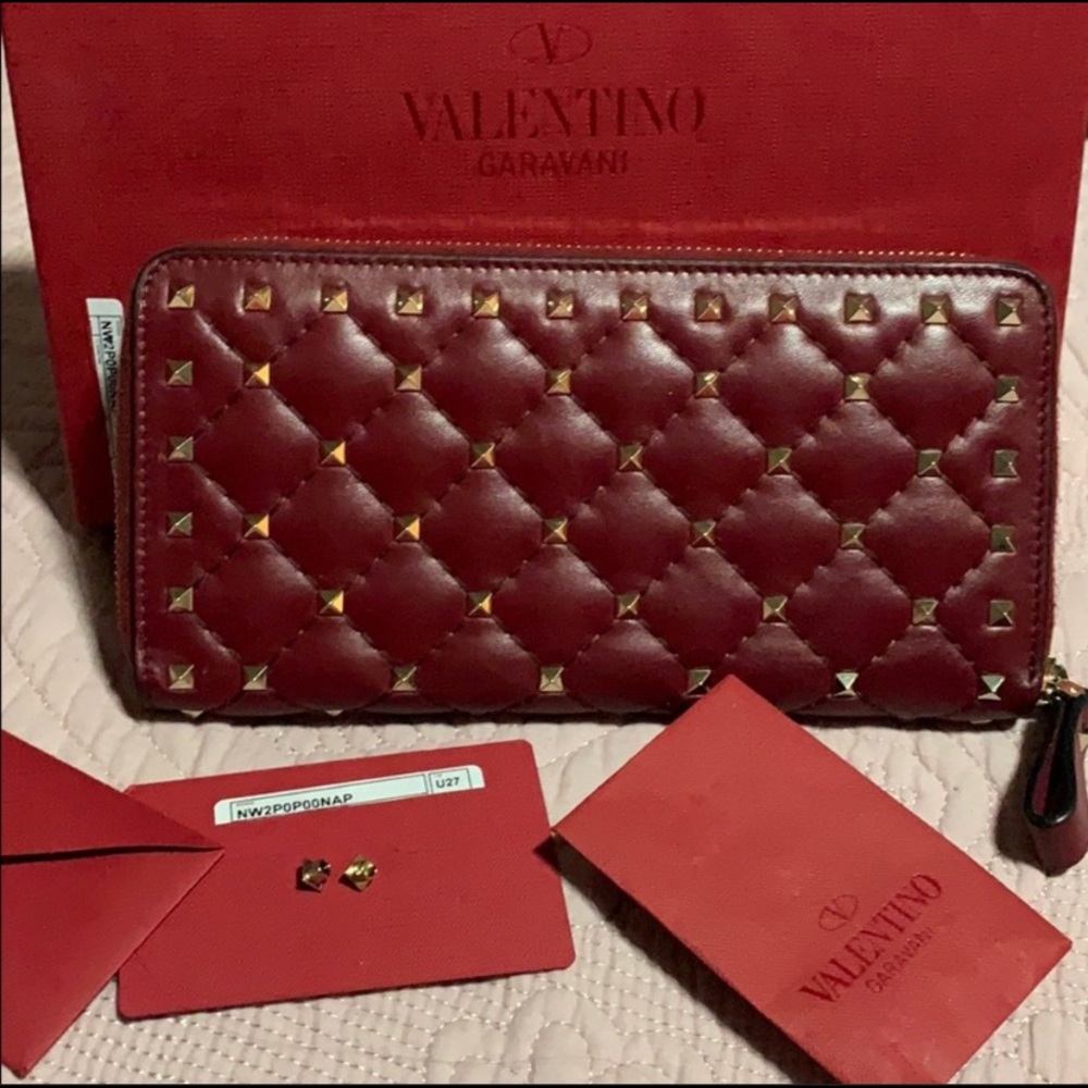 Valentino Rockstud Leather Zip Around Wallet in Valentino Red.